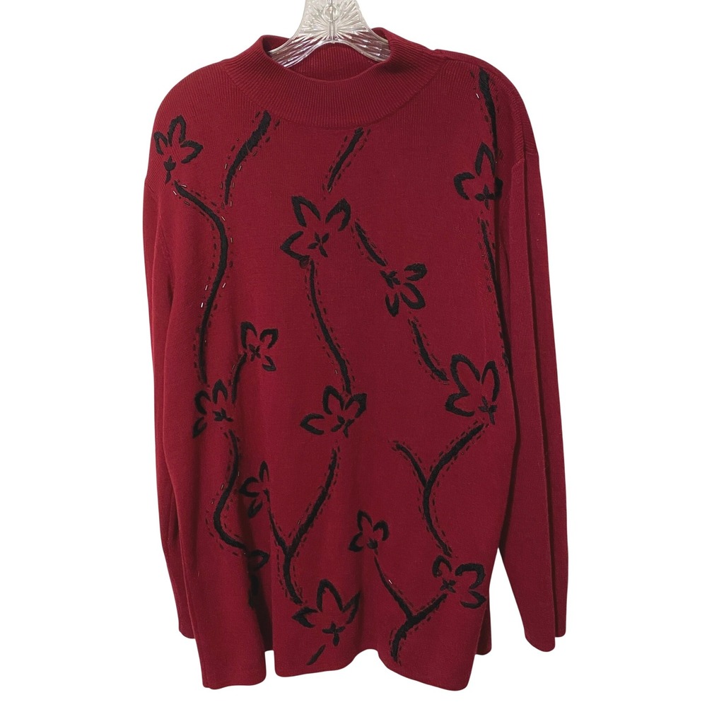 Vtg 90s Delores Bell Crew Neck Sweater 2X Red Beaded Embroidered Grandma Chic‎
